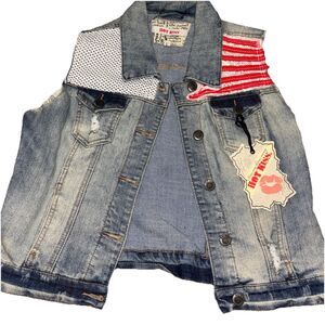 Hot Kiss Denim Vest Women’s L Blue Jean Sleeveless USA Flag Patriotic 4th July